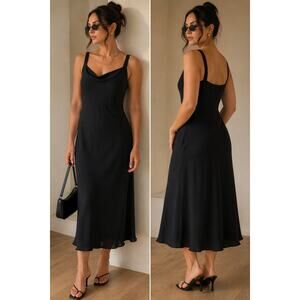 Vintage Cattiva Black Midi Dress Size 16 Sleeveless Flowy Slip Dress LBD Classic